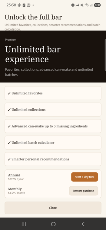 AllCocktail Premium screen